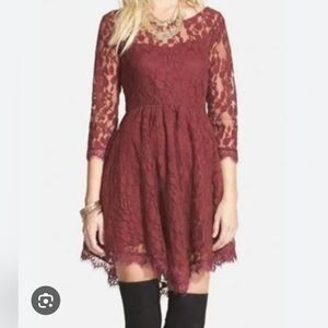 Free People Floral Sheer Lace  Lined Burgundy Dress Womens Sz 0